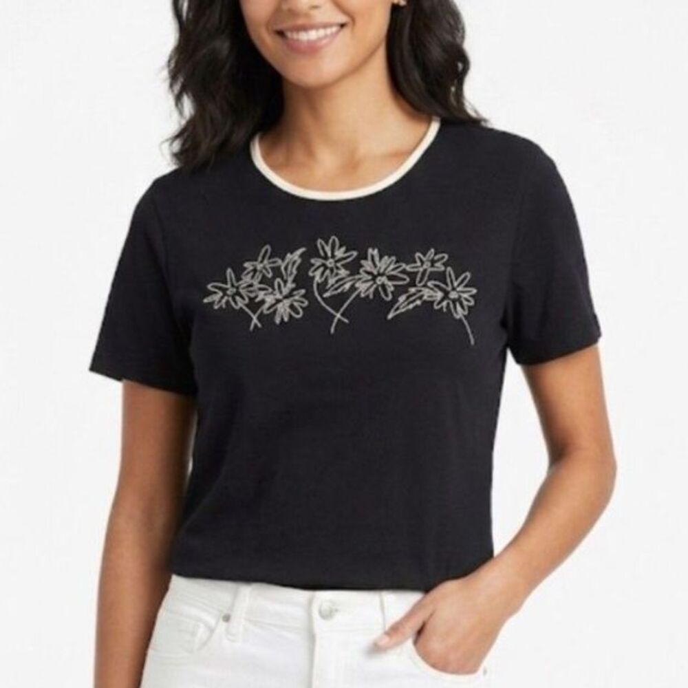 Susan Bristol Black Cotton White Floral Detail Scoop Neck SS T-Shirt Size XL